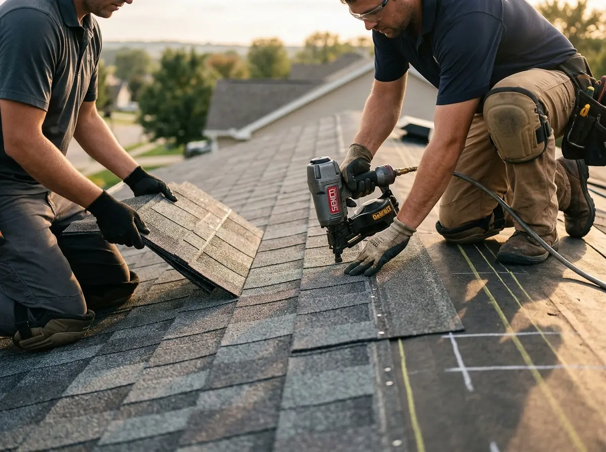 Professional roofer working on a residential roof in Bar Harbor